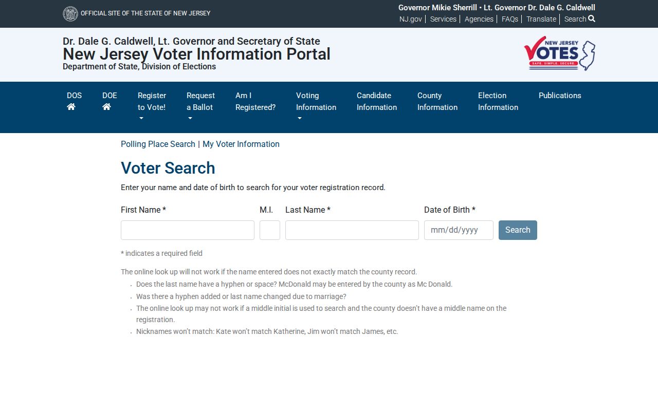 Middletown resident lookup through the New Jersey voter-status form