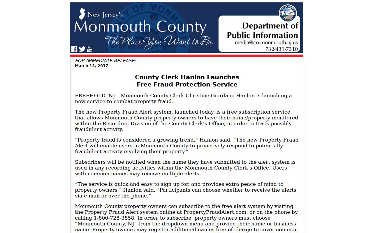 Middletown previous residents property fraud alert information from Monmouth County