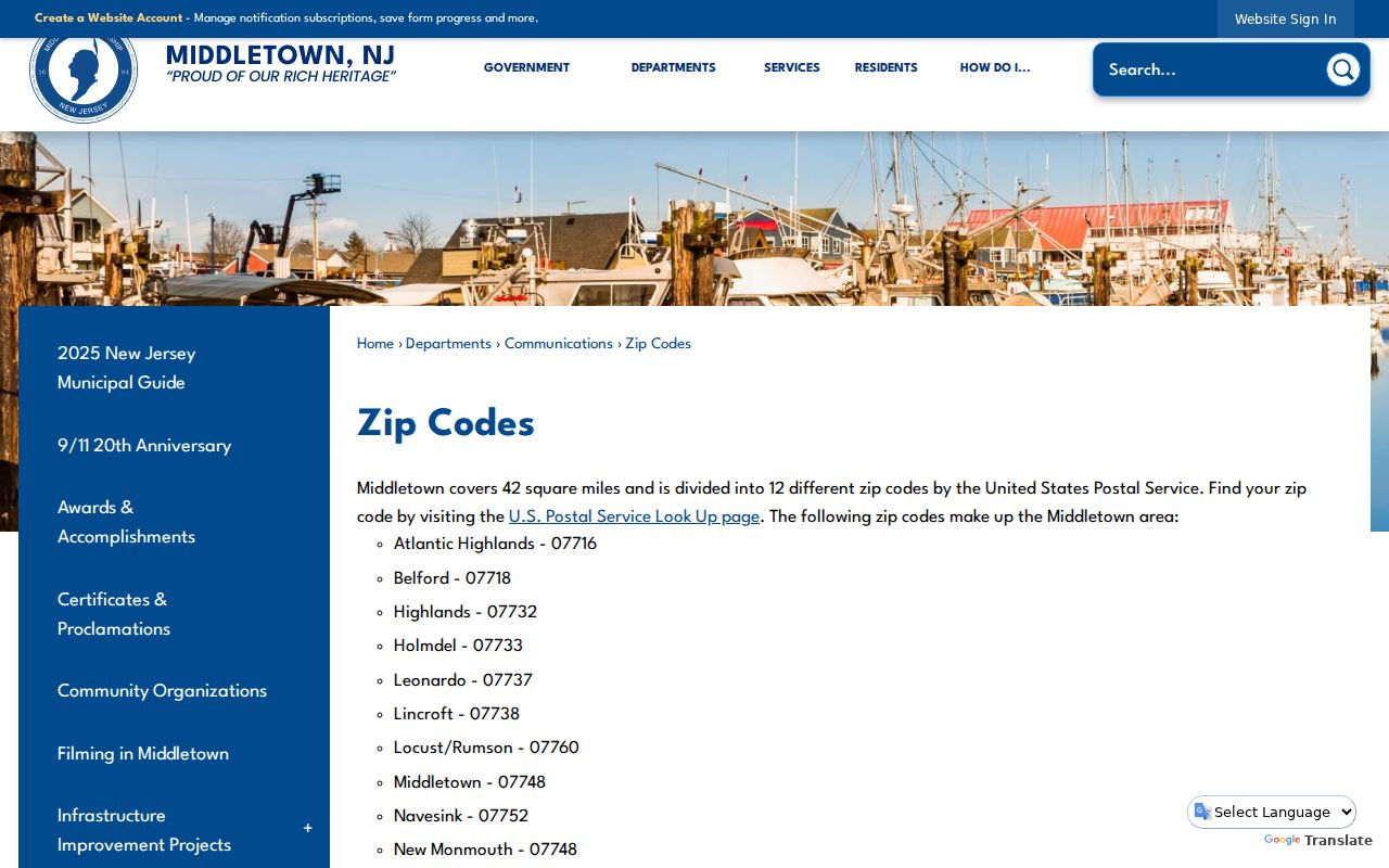 Middletown ZIP code directory with official township delivery-area list